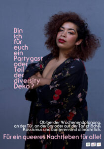 Plakat zeigt Person of Color mit Text: Bin ich ein Partygast oder Teil der Diversity Deko?
